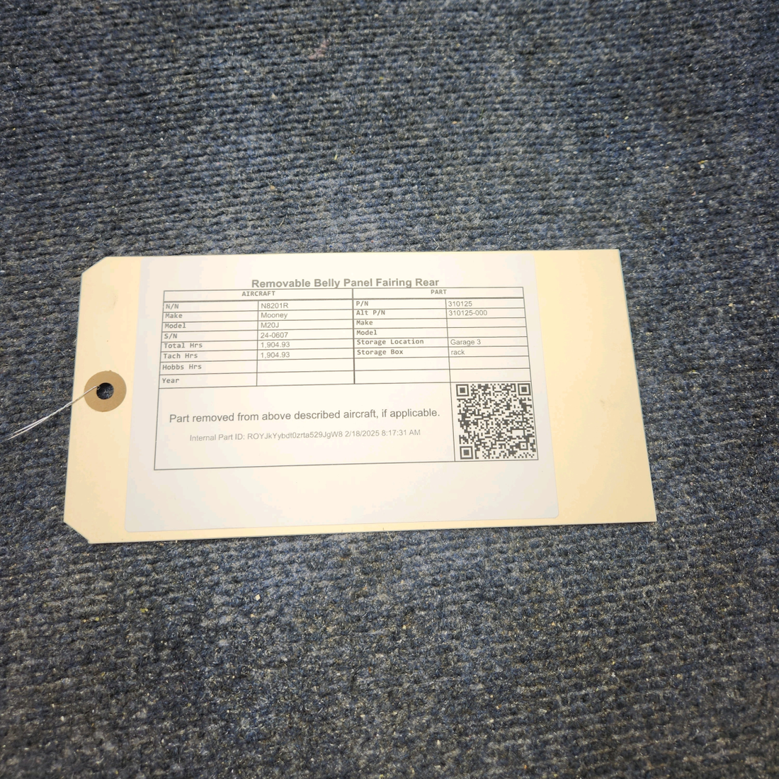 Used aircraft parts for sale, 310125 Mooney M20J REMOVABLE BELLY PANEL FAIRING REAR