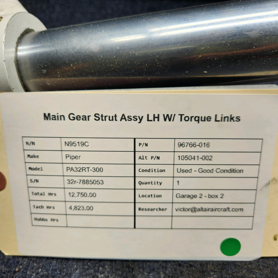 Used aircraft parts for sale, 96766-016 Piper PA32RT-300 MAIN GEAR STRUT ASSY LH W/ TORQUE LINKS
