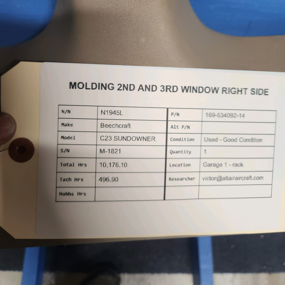 Used aircraft parts for sale, 169-534092-14 Beechcraft C23 SUNDOWNER MOLDING 2ND AND 3RD WINDOW RIGHT SIDE