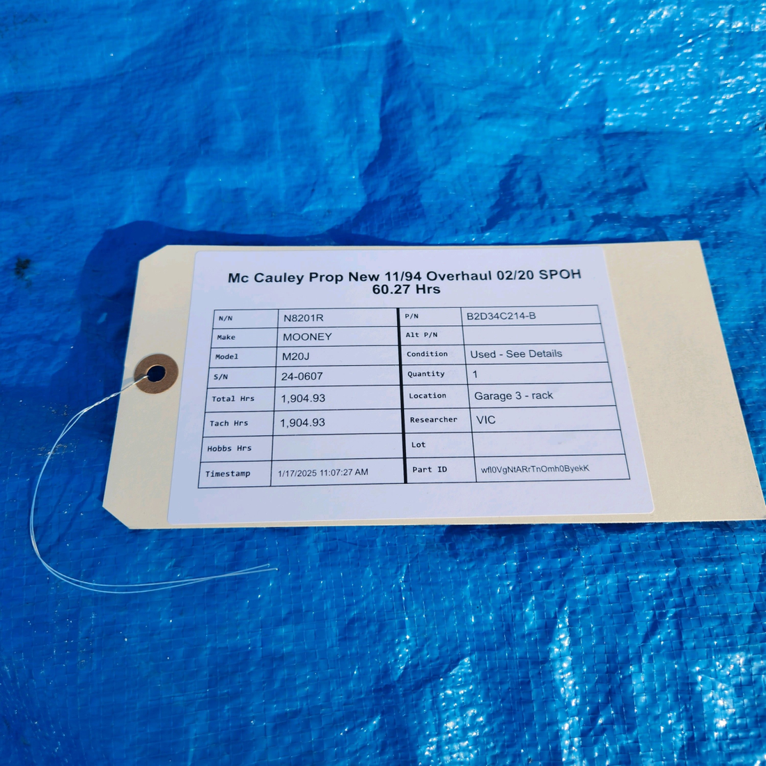 Used aircraft parts for sale, B2D34C214-B McCauley MOONEY M20J MC CAULEY PROP NEW 11/94 OVERHAUL 02/20 SPOH 60.27 HRS-MINORGOUGES IN TIPS