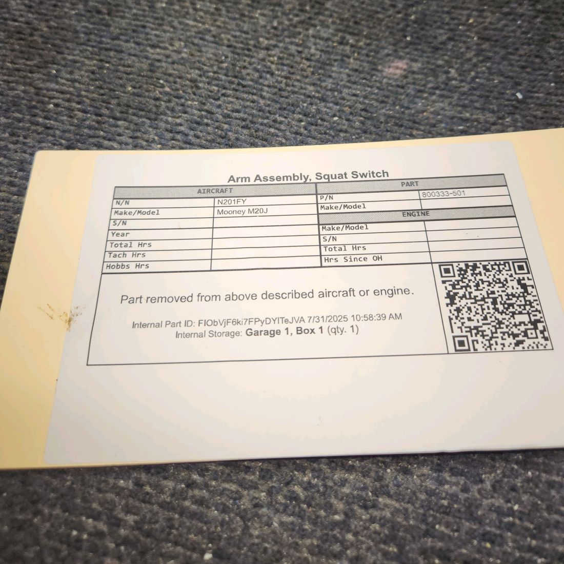 Used aircraft parts for sale, 800333‑501 Mooney M20J Arm Squat Switch