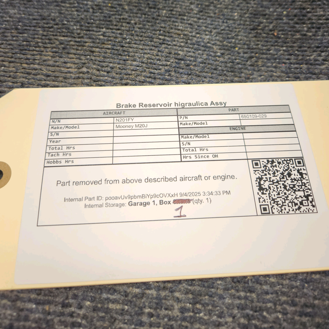 Used aircraft parts for sale, 850109-029 Mooney M20J Hydraulic Brake Reservoir Assembly