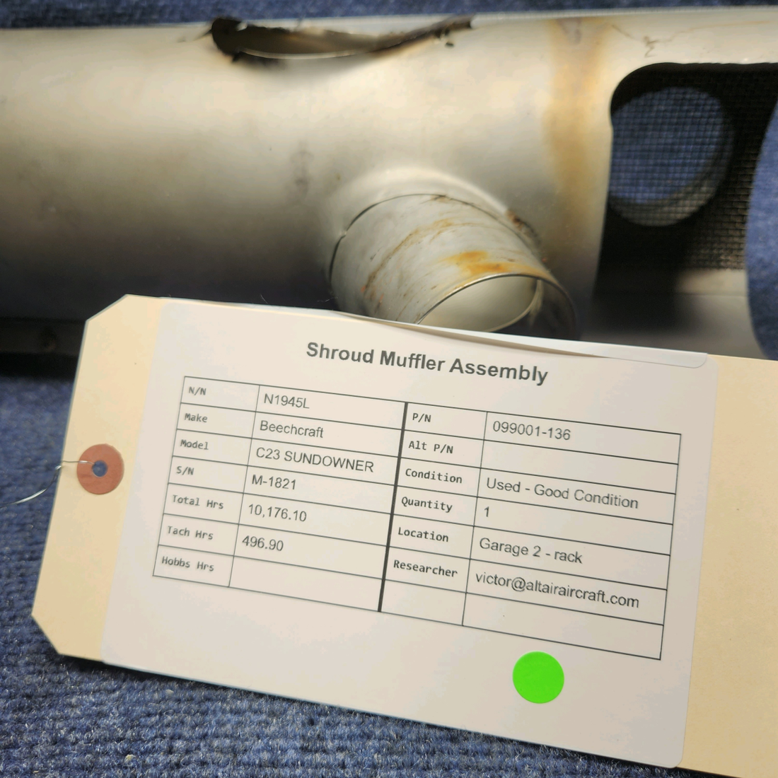 Used aircraft parts for sale, 099001-136 Beechcraft C23 SUNDOWNER SHROUD MUFFLER ASSEMBLY