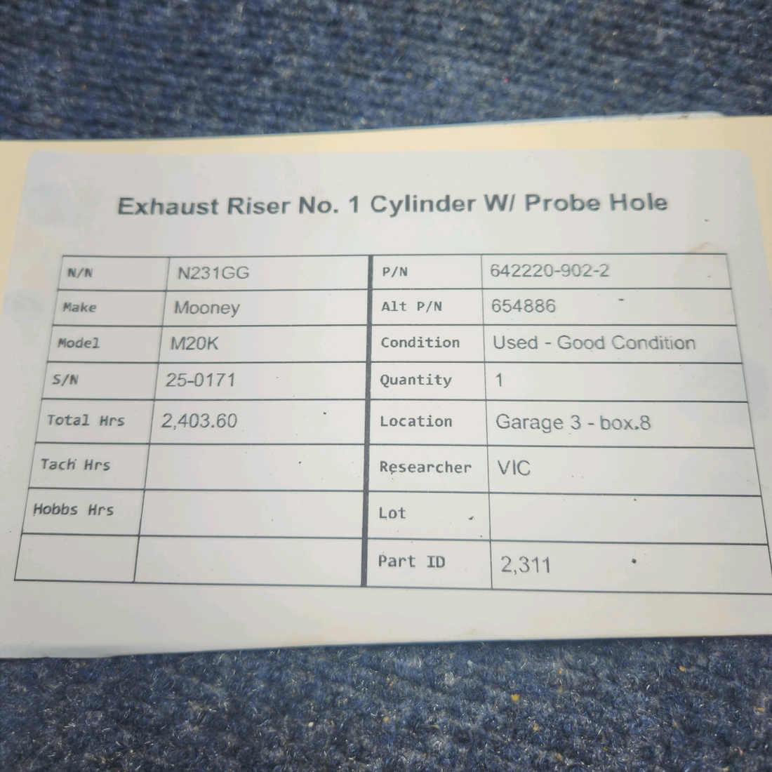 Used aircraft parts for sale, 642220-902-2 Mooney M20K EXHAUST RISER NO. 1 CYLINDER W/ PROBE HOLE