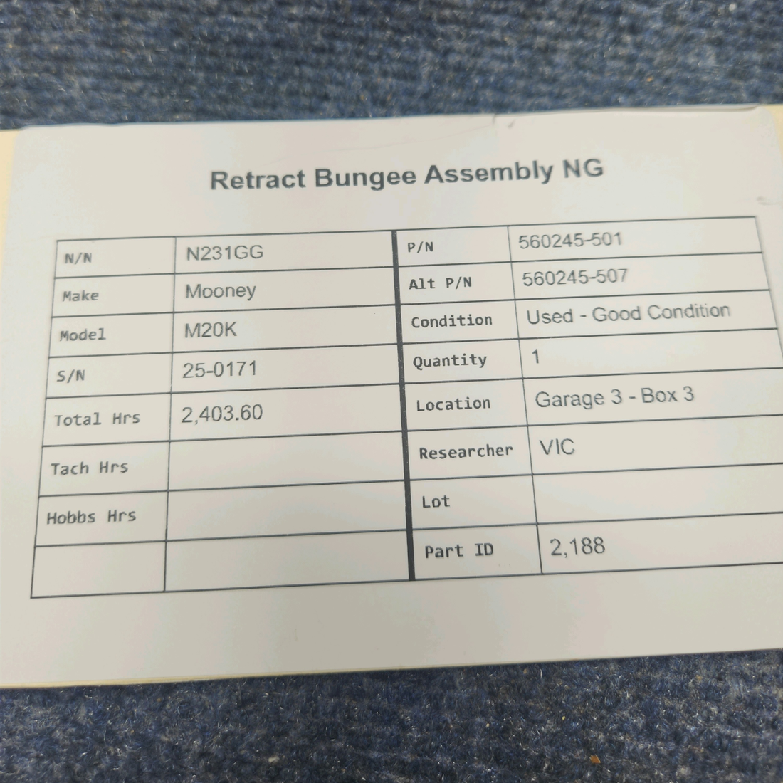 Used aircraft parts for sale, 560245-501 Mooney M20K RETRACT BUNGEE ASSEMBLY NG