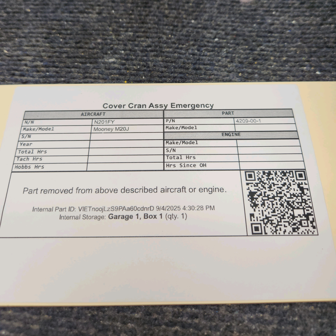 Used aircraft parts for sale, 4209-00-1 Mooney M20J Emergency Crank Cover Assembly