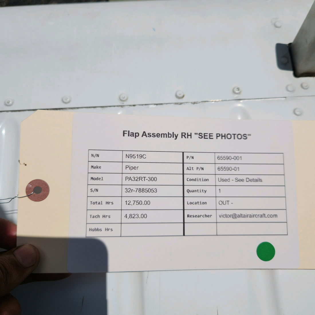 Used aircraft parts for sale, 65590-001 Piper PA32RT-300 FLAP ASSEMBLY RH "SEE PHOTOS"