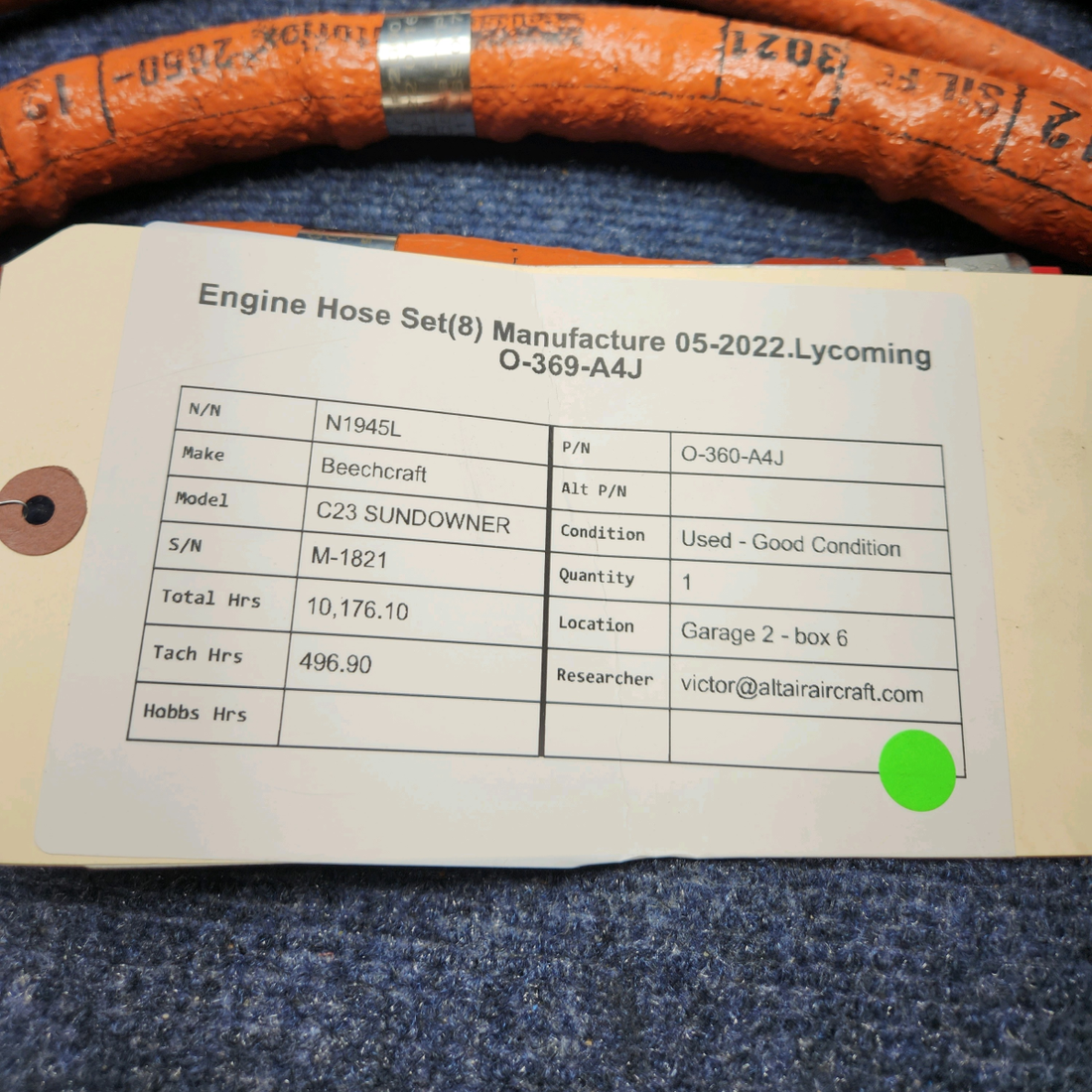 Used aircraft parts for sale, O-360-A4J Beechcraft C23 SUNDOWNER ENGINE HOSE SET(8) MANUFACTURE 05-2022 LYCOMING O-369-A4J