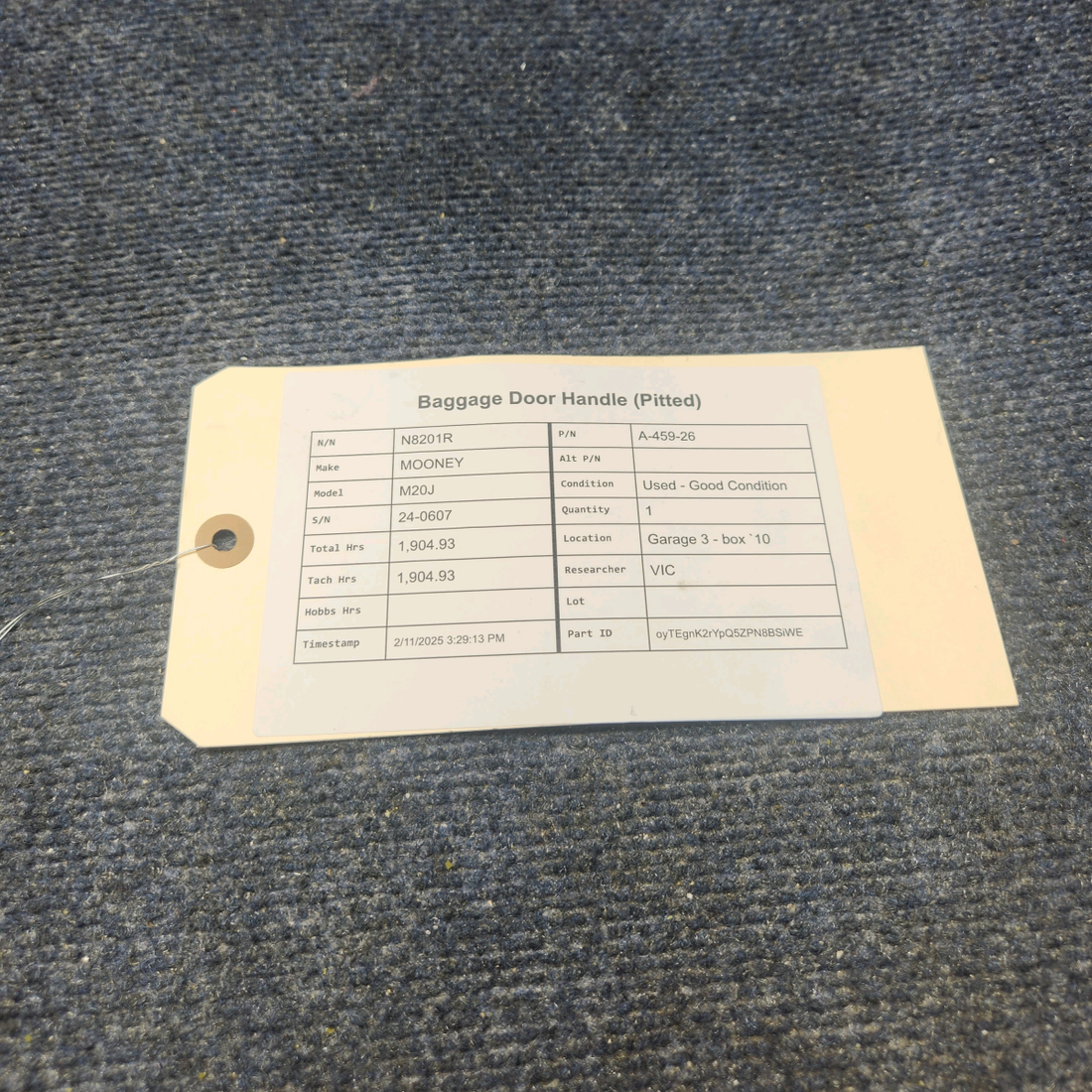 Used aircraft parts for sale, A-459-26 Mooney M20J BAGGAGE DOOR HANDLE (PITTED)