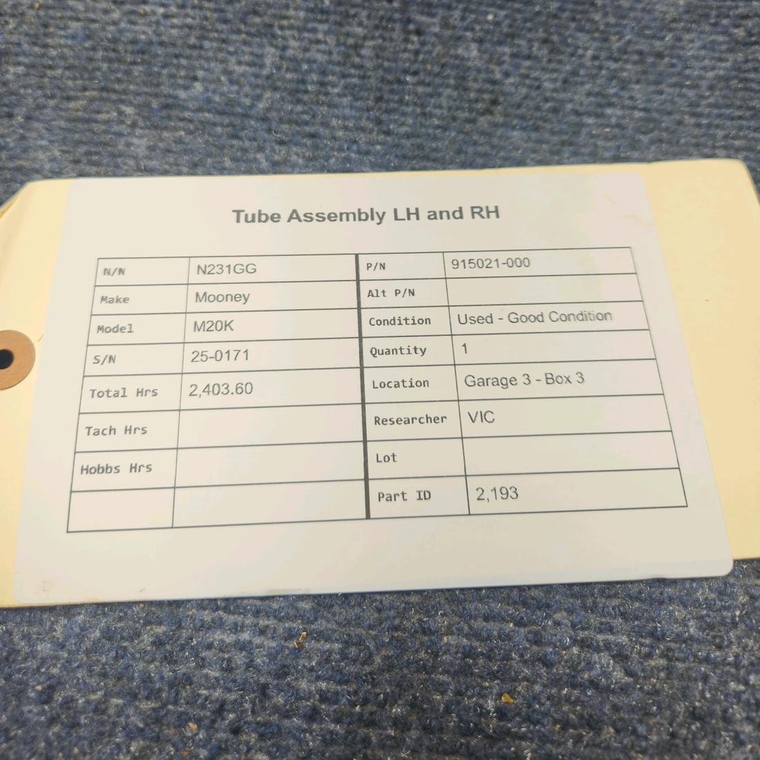 Used aircraft parts for sale, 915021-000 Mooney M20K TUBE ASSEMBLY LH AND RH