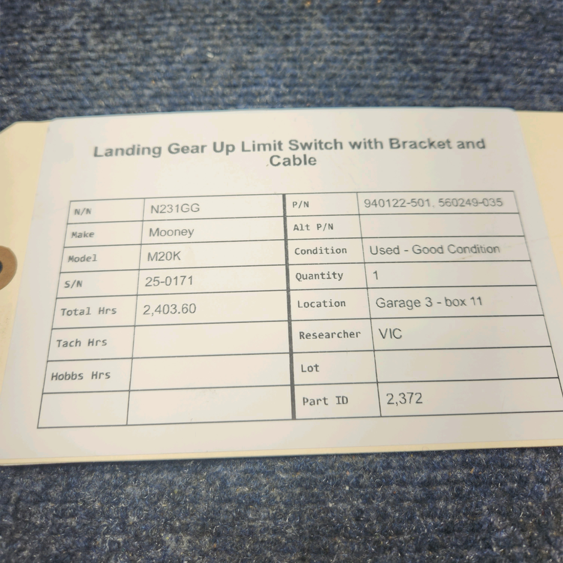 Used aircraft parts for sale, 940122-501, 560249-035 Mooney M20K LANDING GEAR UP LIMIT SWITCH WITH BRACKET AND CABLE