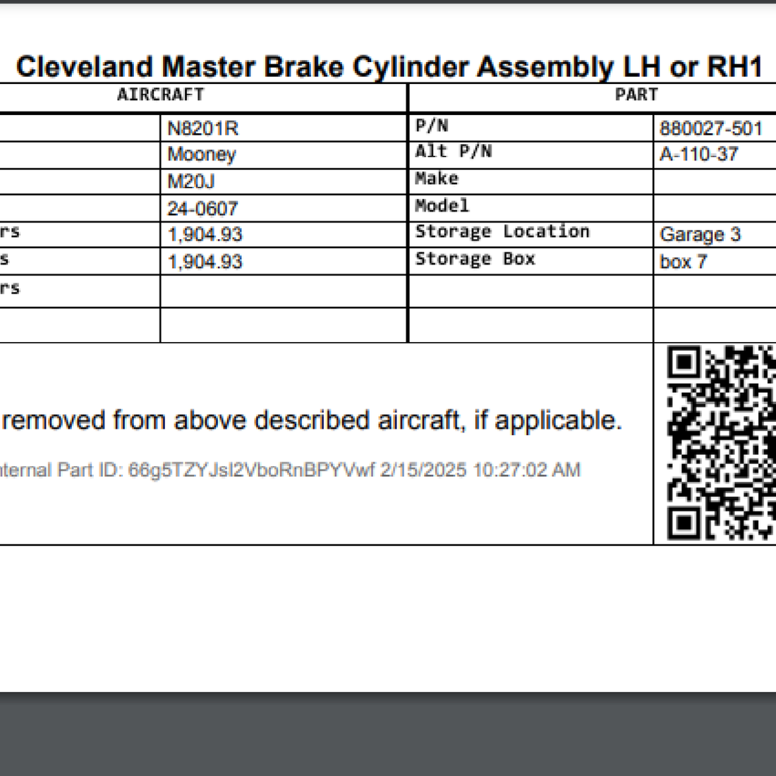 Used aircraft parts for sale, 880027-501 Cleveland A-110-37 Mooney M20J MASTER BRAKE CYLINDER ASSEMBLY LH OR RH1