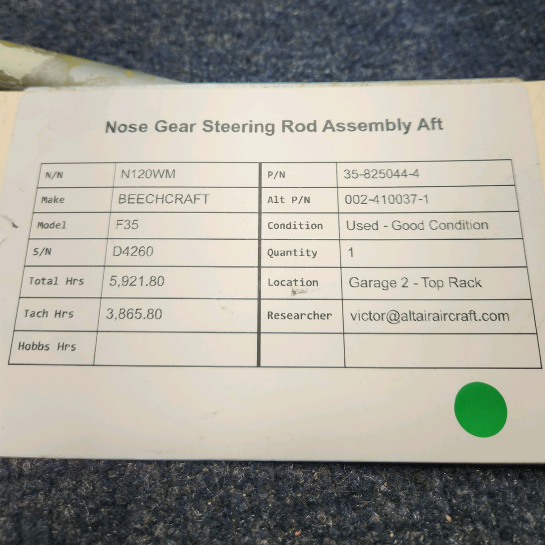Used aircraft parts for sale, 35-825044-4 BEECHCRAFT F35 NOSE GEAR STEERING ROD ASSEMBLY AFT