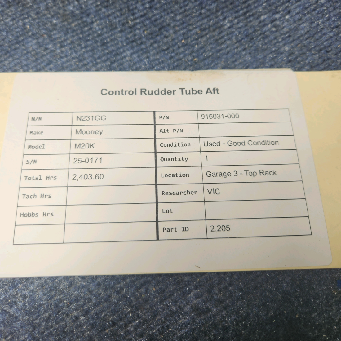 Used aircraft parts for sale, 915031-000 Mooney M20K CONTROL RUDDER TUBE AFT