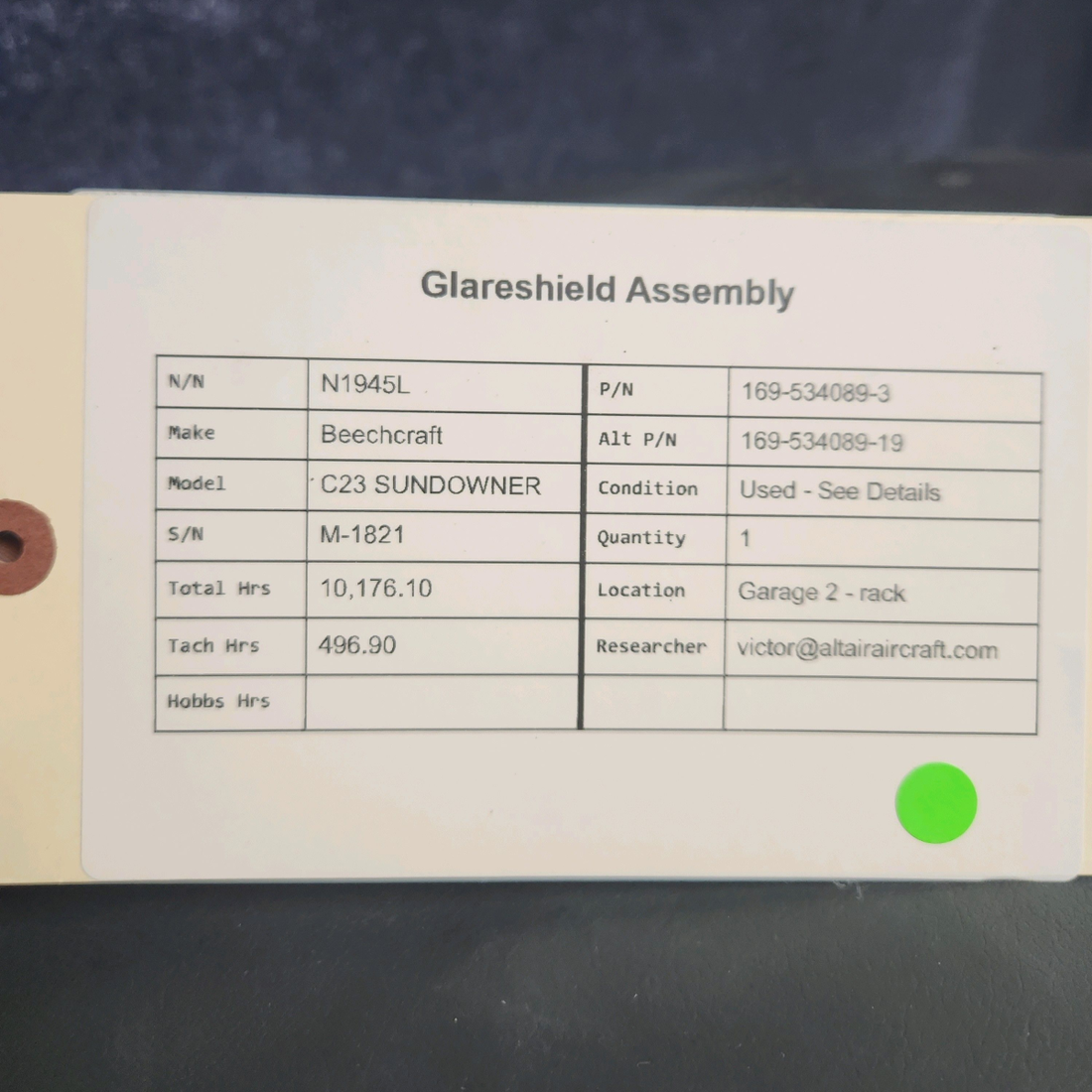 Used aircraft parts for sale, 169-534089-3 Beechcraft C23 SUNDOWNER GLARESHIELD ASSEMBLY