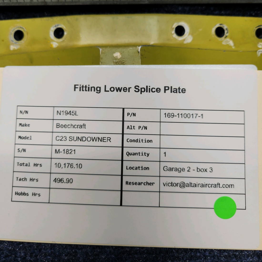 Used aircraft parts for sale, 169-110017-1 Beechcraft C23 SUNDOWNER FITTING LOWER SPLICE PLATE