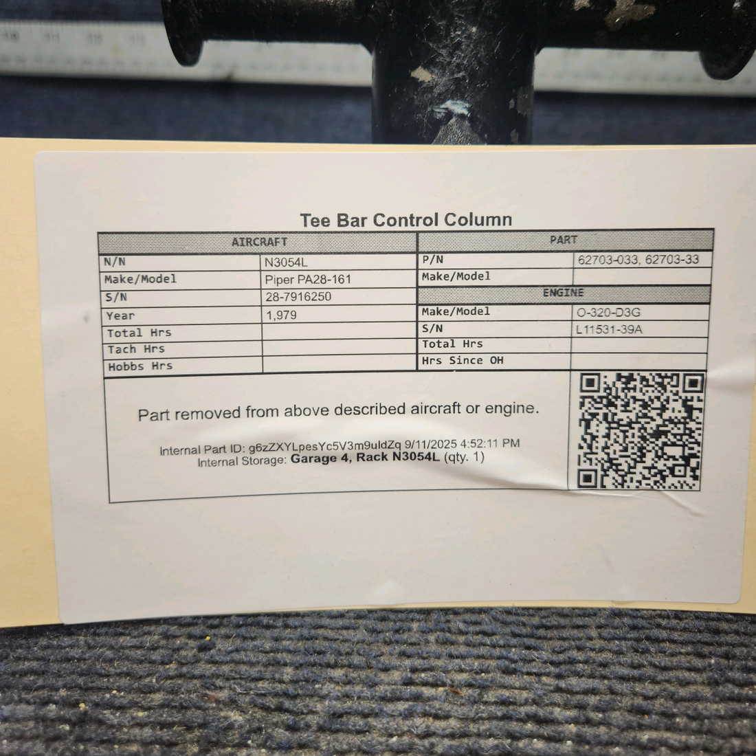 Used aircraft parts for sale, 62703-033 Piper PA28-161 Tee Bar Control Column