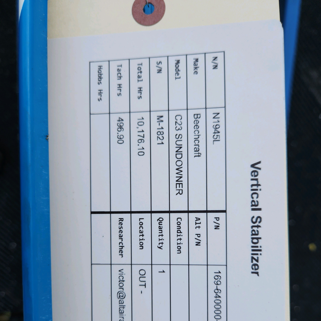 Used aircraft parts for sale, 169-640000-651 Beechcraft C23 SUNDOWNER VERTICAL STABILIZER