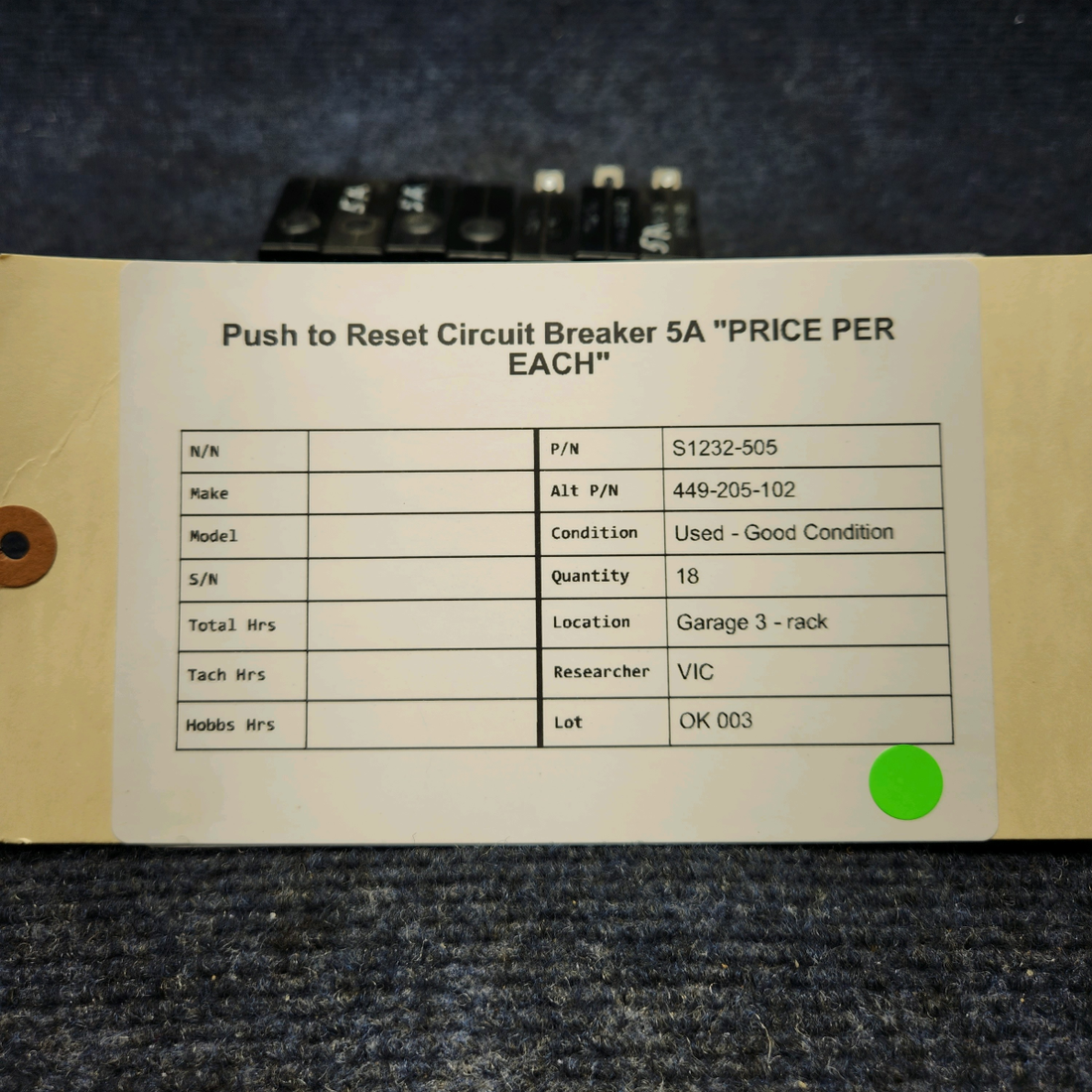 Used aircraft parts for sale, S1232-505 Wood Electric PUSH TO RESET CIRCUIT BREAKER 5A "PRICE PER EACH"
