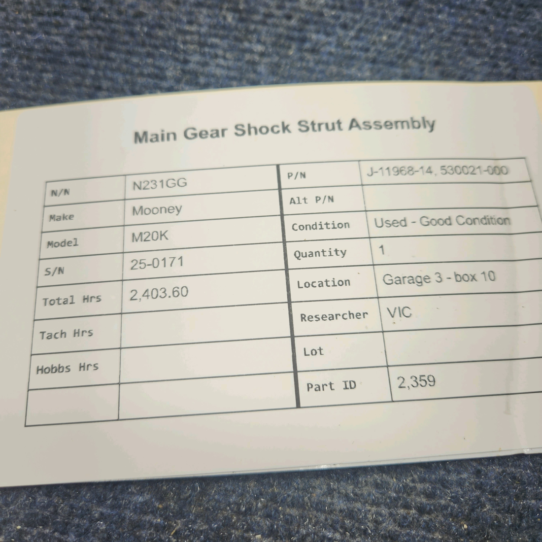 Used aircraft parts for sale, J-11968-14, 530021-000 Mooney M20K MAIN GEAR SHOCK STRUT ASSEMBLY
