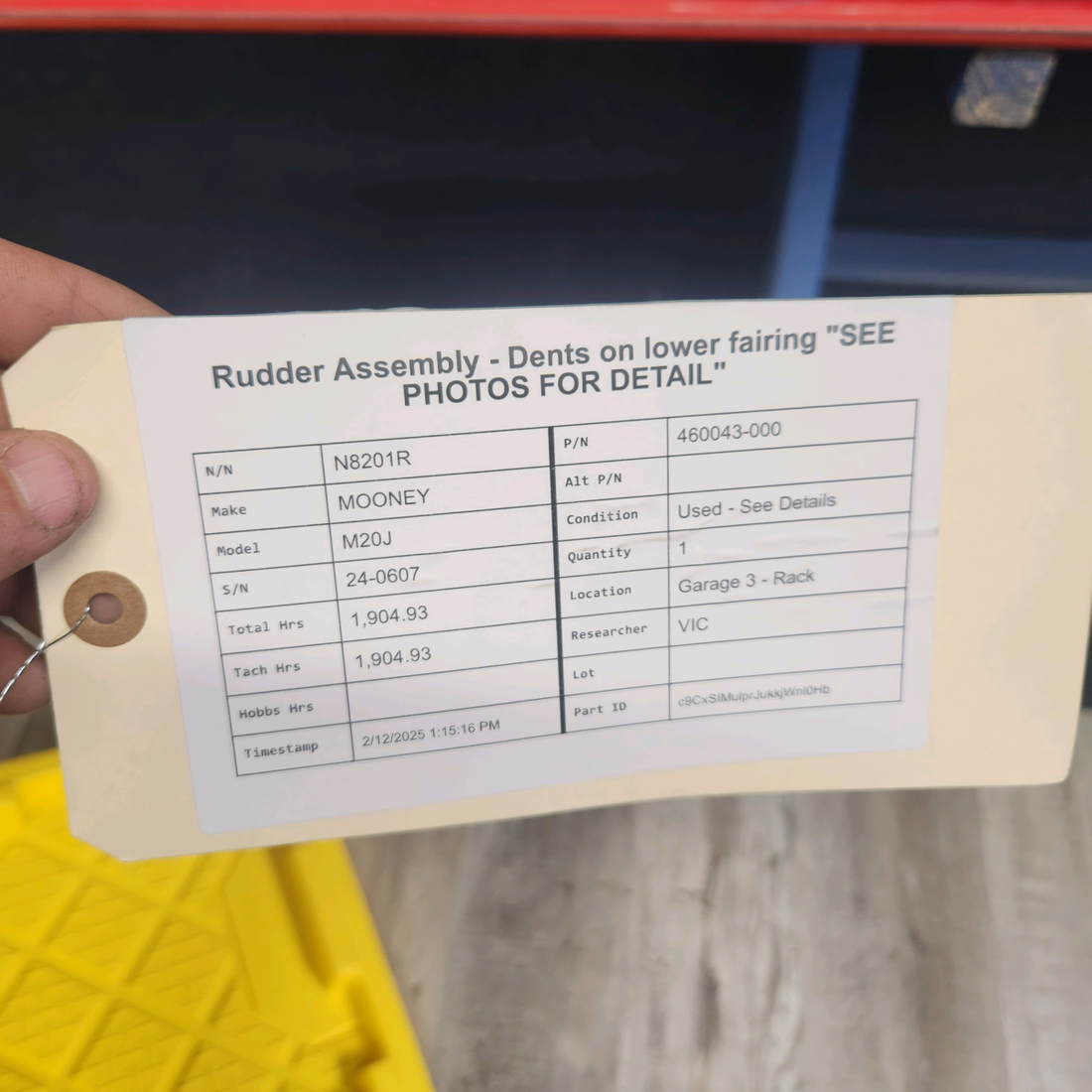 Used aircraft parts for sale, 460043-000 Mooney M20J RUDDER ASSEMBLY - DENTS ON LOWER FAIRING "SEE PHOTOS FOR DETAIL"