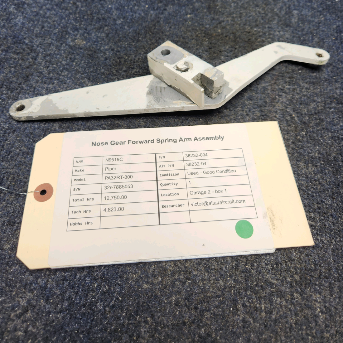 Used aircraft parts for sale, 38232-004 Piper PA32RT-300 NOSE GEAR FORWARD SPRING ARM ASSEMBLY