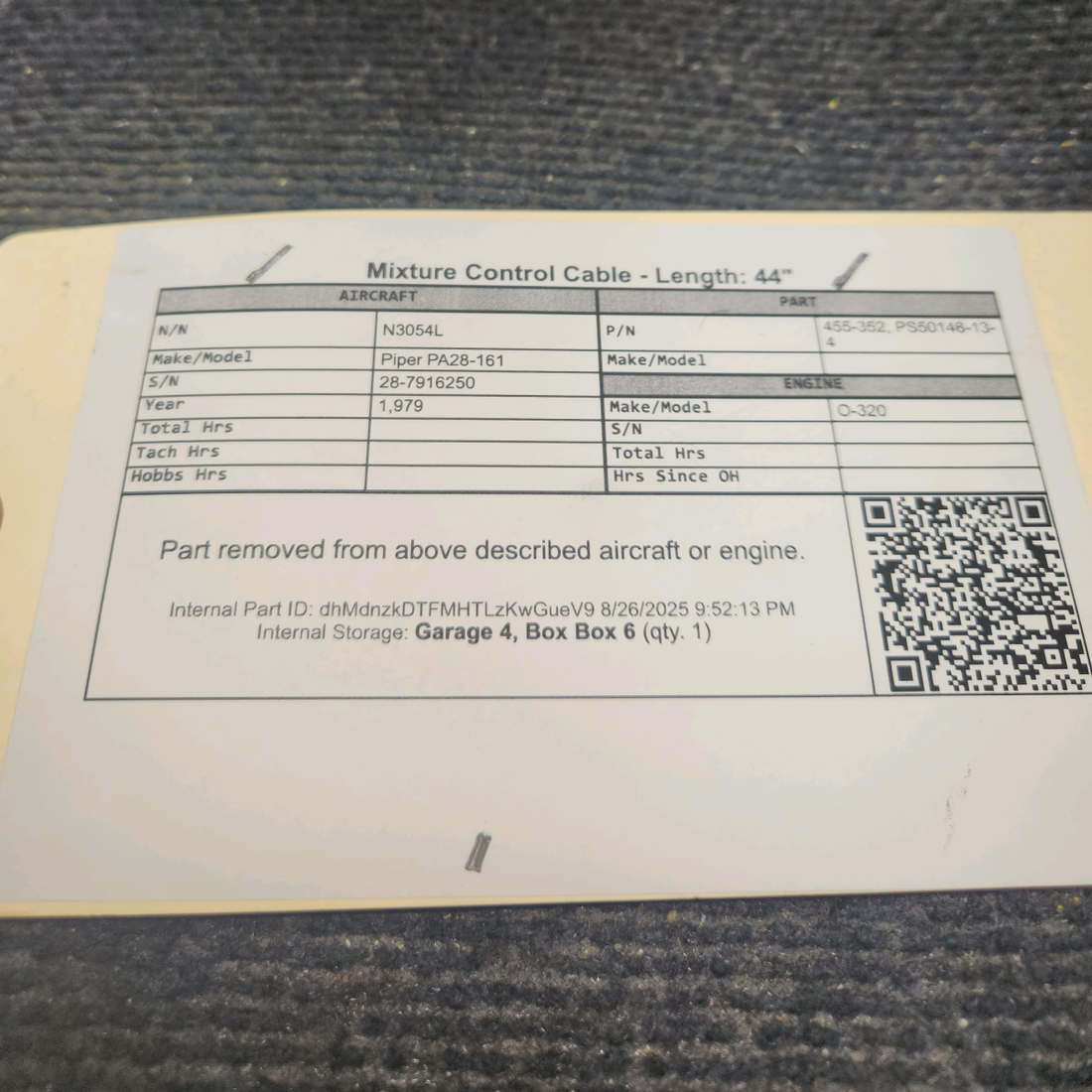 Used aircraft parts for sale, 455-352 Piper PA28-161 Mixture Control Cable - Length: 44"