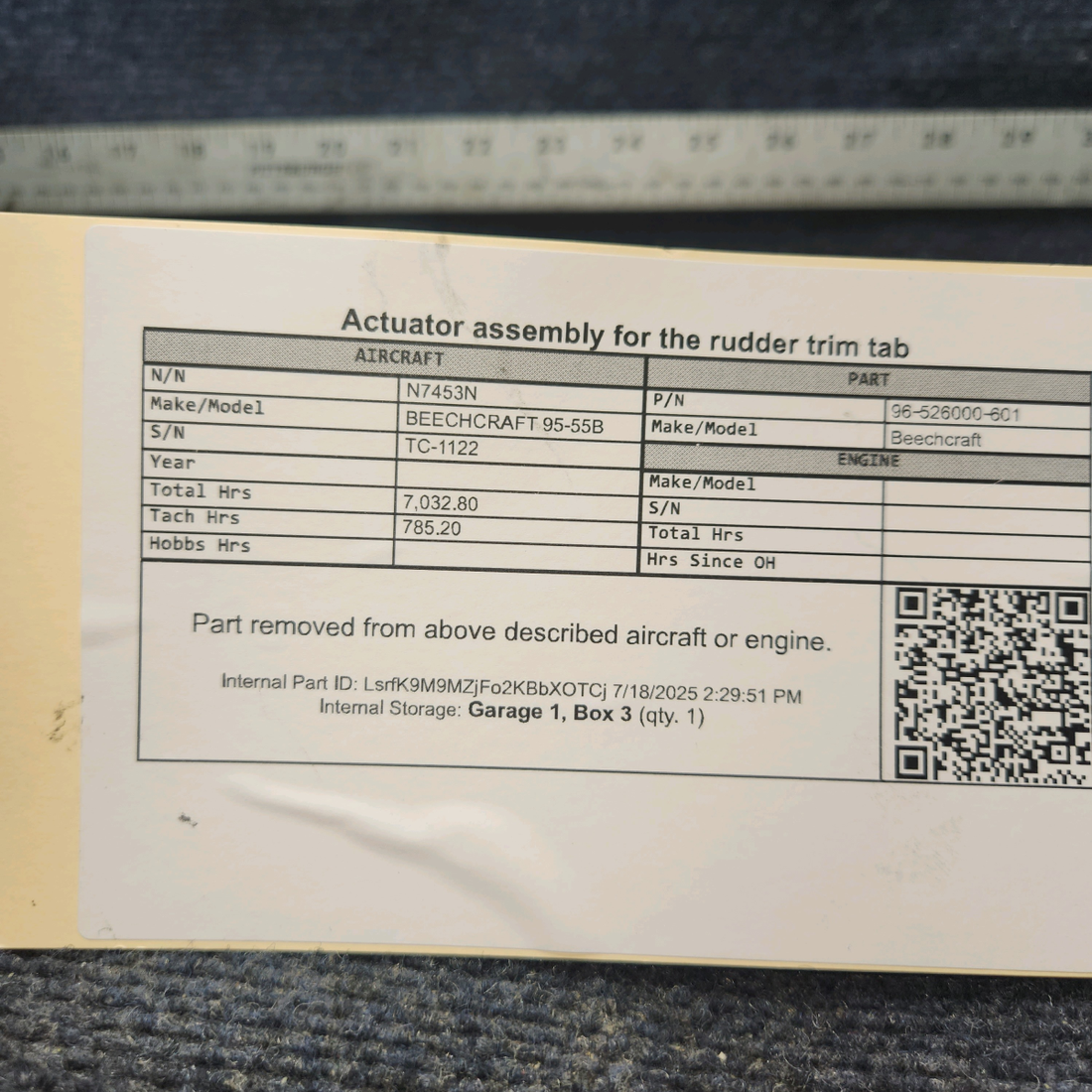 Used aircraft parts for sale, 96‑526000‑601 BEECHCRAFT 95-55B Rudder Trim Tab Actuator Assembly