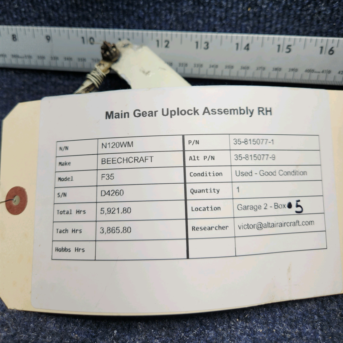 Used aircraft parts for sale, 35-815077-1 BEECHCRAFT F35 MAIN GEAR UPLOCK ASSEMBLY RH