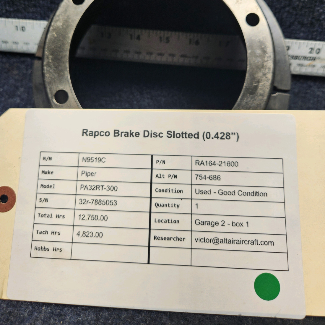 Used aircraft parts for sale, RA164-21600 Piper PA32RT-300 RAPCO BRAKE DISC SLOTTED (0.428”)