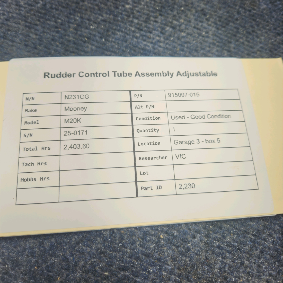 Used aircraft parts for sale, 915007-015 Mooney M20K RUDDER CONTROL TUBE ASSEMBLY ADJUSTABLE