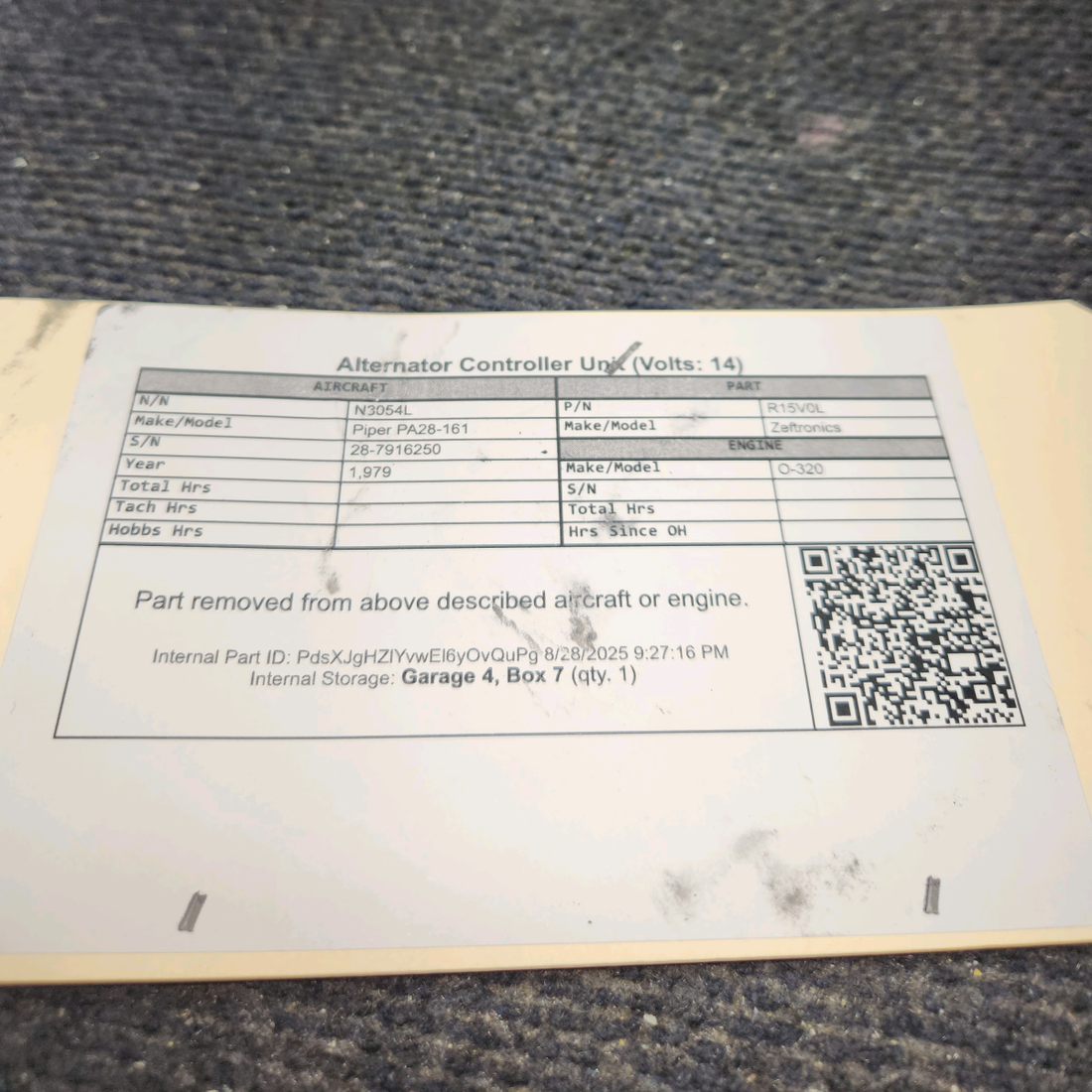 Used aircraft parts for sale, R15V0L Zeftronics Piper PA28-161 Alternator Controller Unit (Volts: 14)