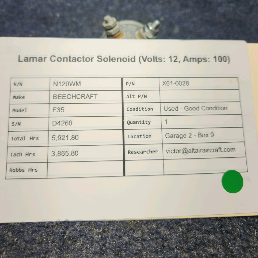Used aircraft parts for sale, X61-0028 BEECHCRAFT F35 LAMAR CONTACTOR SOLENOID (VOLTS: 12, AMPS: 100)