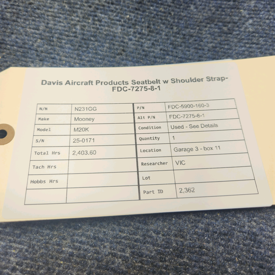 Used aircraft parts for sale, FDC-5900-160-3 Mooney M20K DAVIS AIRCRAFT PRODUCTS SEATBELT W SHOULDER STRAP-FDC-7275-8-1