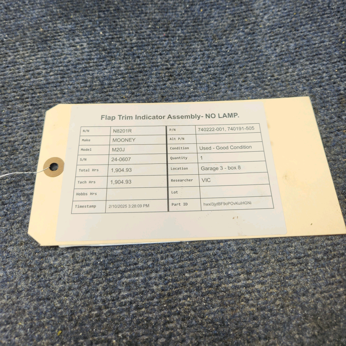 Used aircraft parts for sale, 740222-001, 740191-505 Mooney M20J FLAP TRIM INDICATOR ASSEMBLY- NO LAMP.