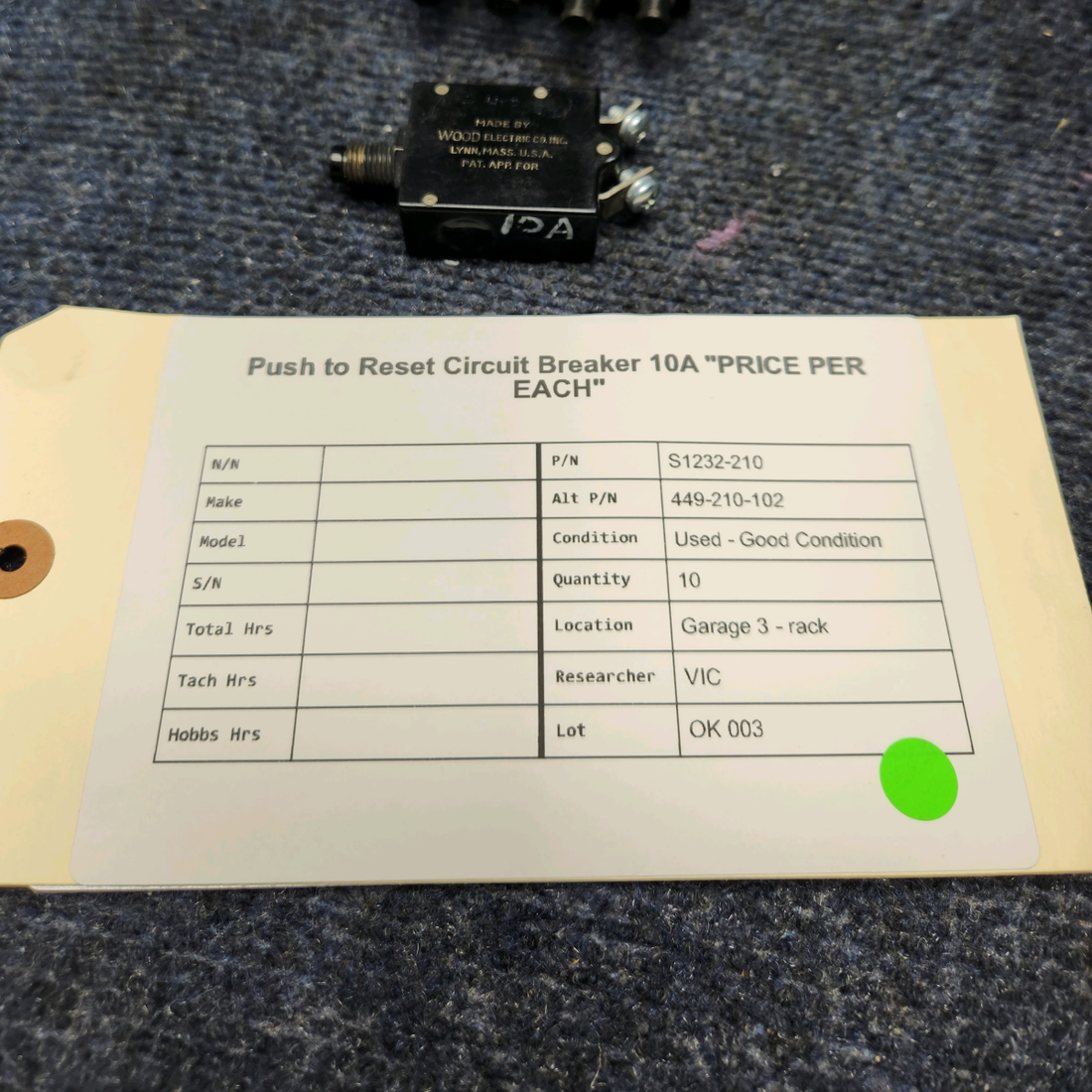 Used aircraft parts for sale, S1232-210 Wood Electric PUSH TO RESET CIRCUIT BREAKER 10A "PRICE PER EACH"