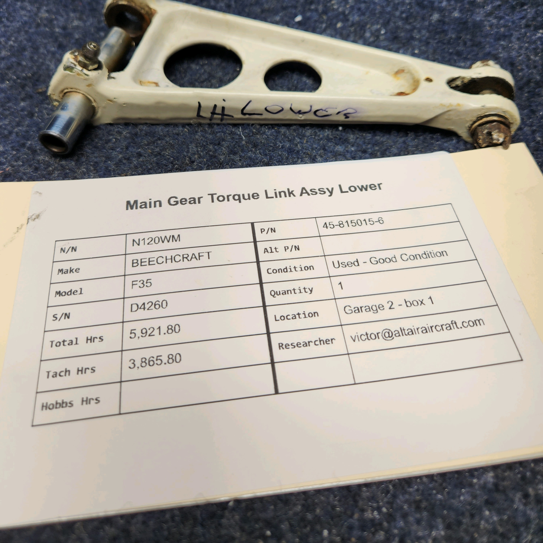 Used aircraft parts for sale, 45-815015-6 BEECHCRAFT F35 MAIN GEAR TORQUE LINK ASSY LOWER