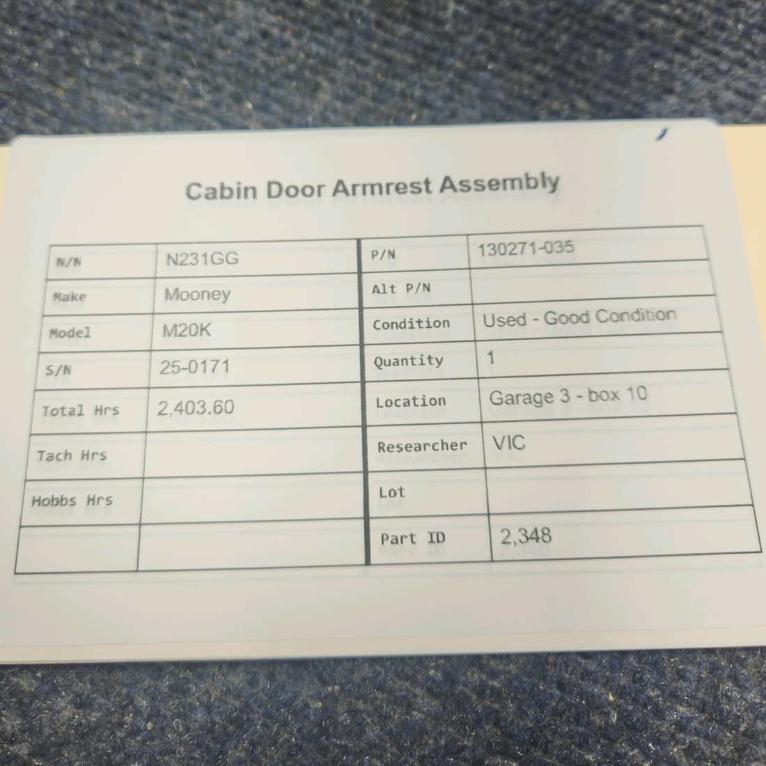 Used aircraft parts for sale, 130271-035 Mooney M20K CABIN DOOR ARMREST ASSEMBLY