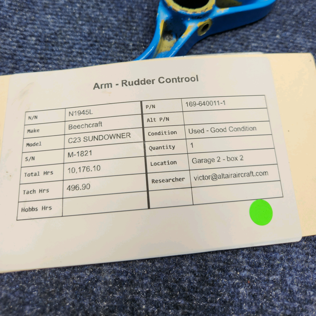 Used aircraft parts for sale, 169-640011-1 Beechcraft C23 SUNDOWNER ARM - RUDDER CONTROOL