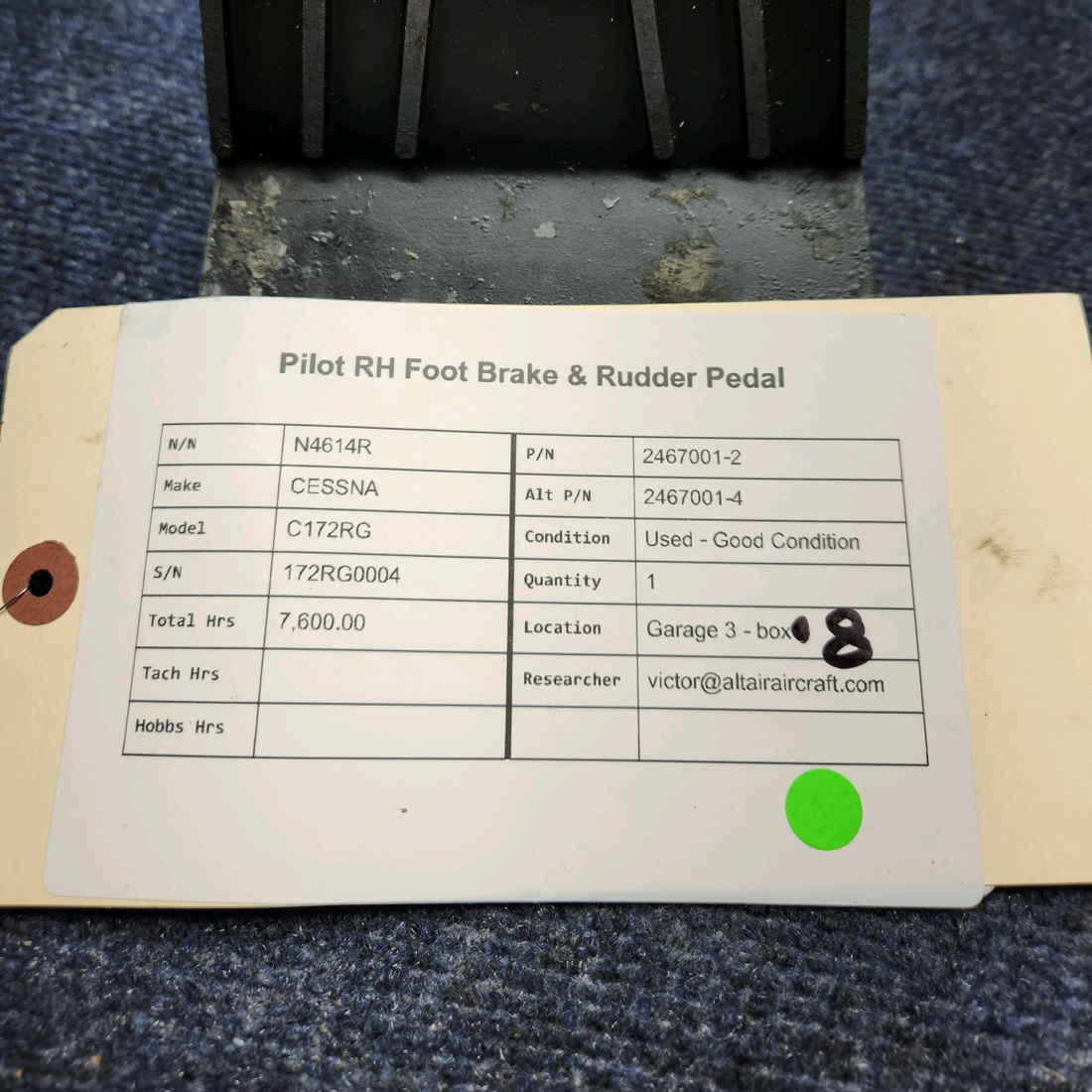 Used aircraft parts for sale, 2467001-2 Cessna CESSNA C172RG PILOT RH FOOT BRAKE & RUDDER PEDAL