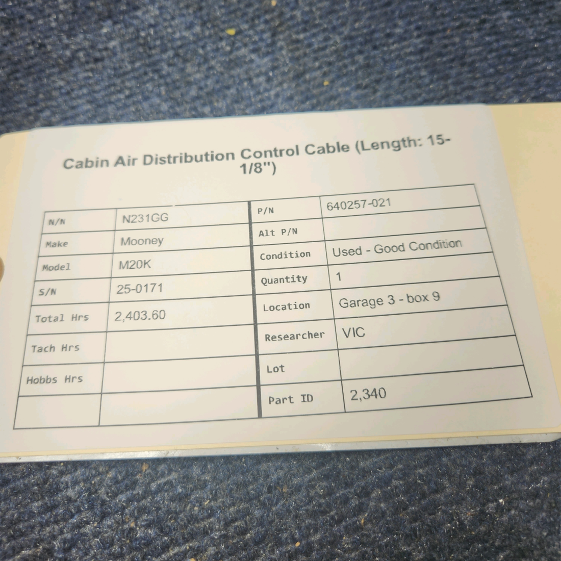 Used aircraft parts for sale, 640257-021 Mooney M20K CABIN AIR DISTRIBUTION CONTROL CABLE (LENGTH: 15-1/8")