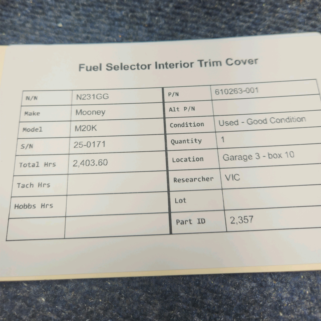 Used aircraft parts for sale, 610263-001 Mooney M20K FUEL SELECTOR INTERIOR TRIM COVER