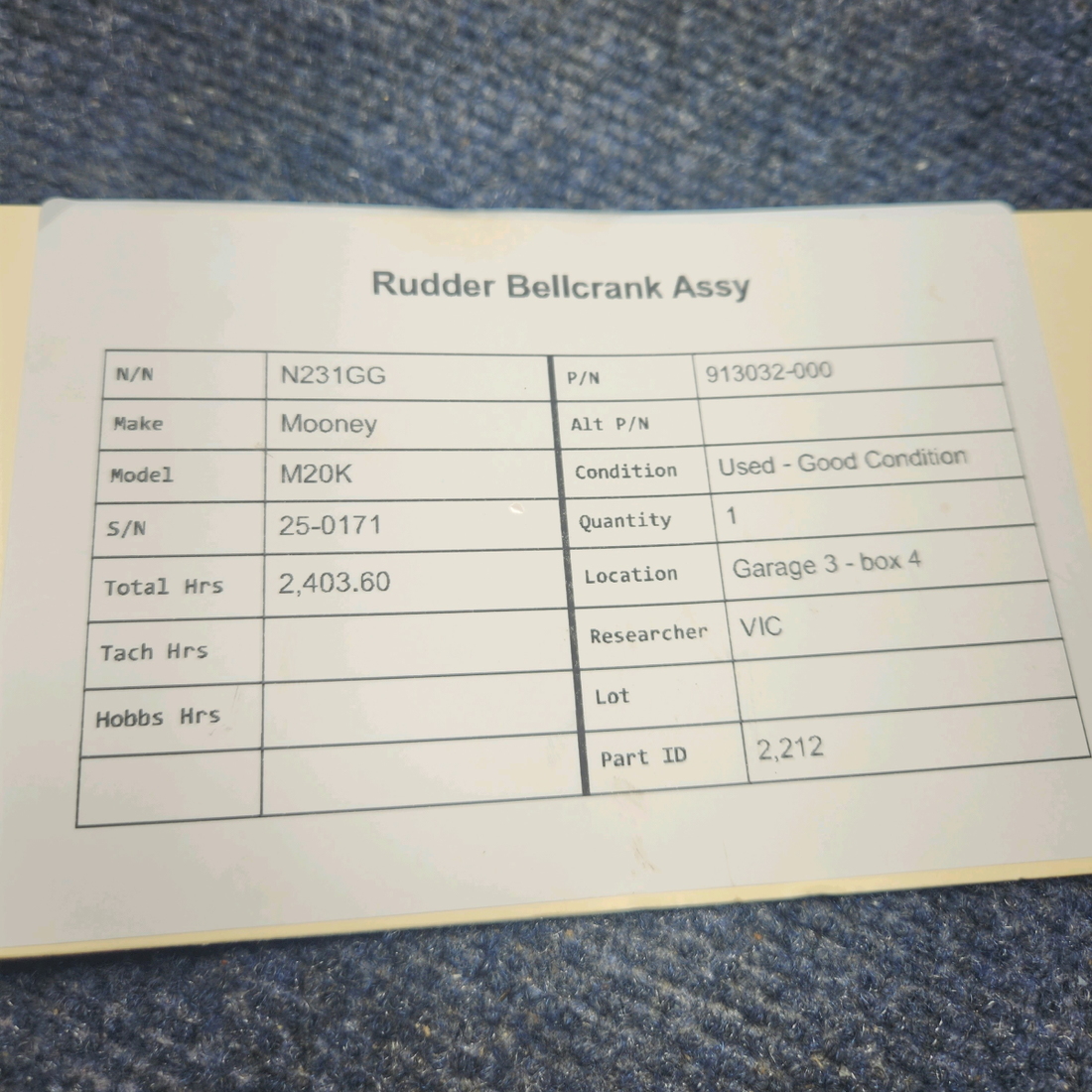 Used aircraft parts for sale, 913032-000 Mooney M20K RUDDER BELLCRANK ASSY