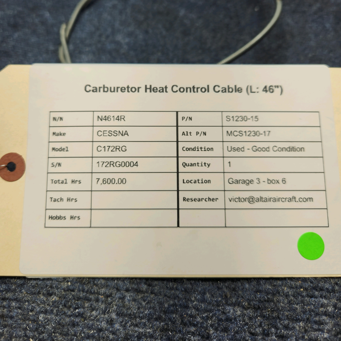 Used aircraft parts for sale, S1230-15 CESSNA C172RG CARBURETOR HEAT CONTROL CABLE L: 46"
