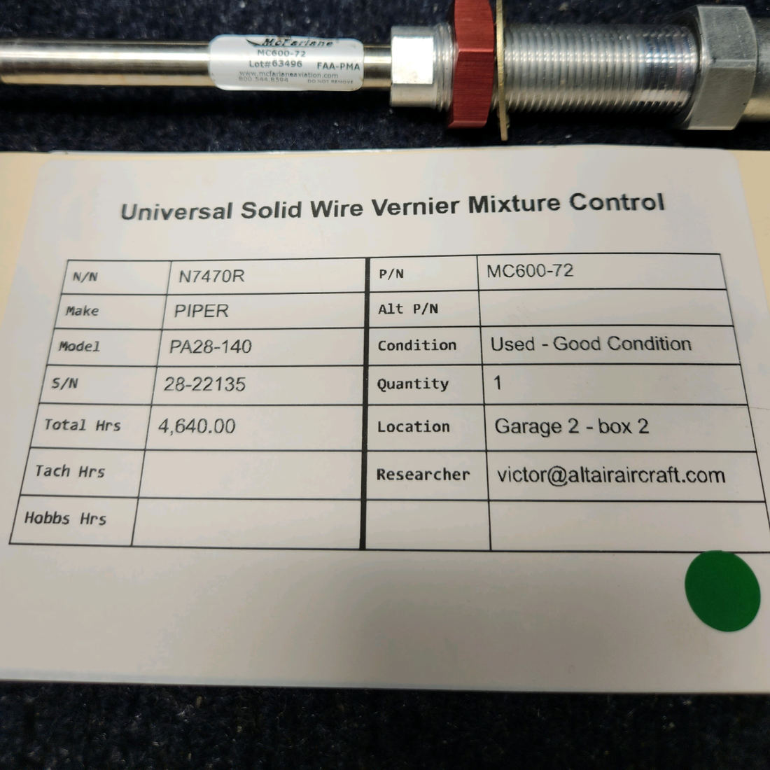 Used aircraft parts for sale, MC600-72 PIPER PA28-140 UNIVERSAL SOLID WIRE VERNIER MIXTURE CONTROL