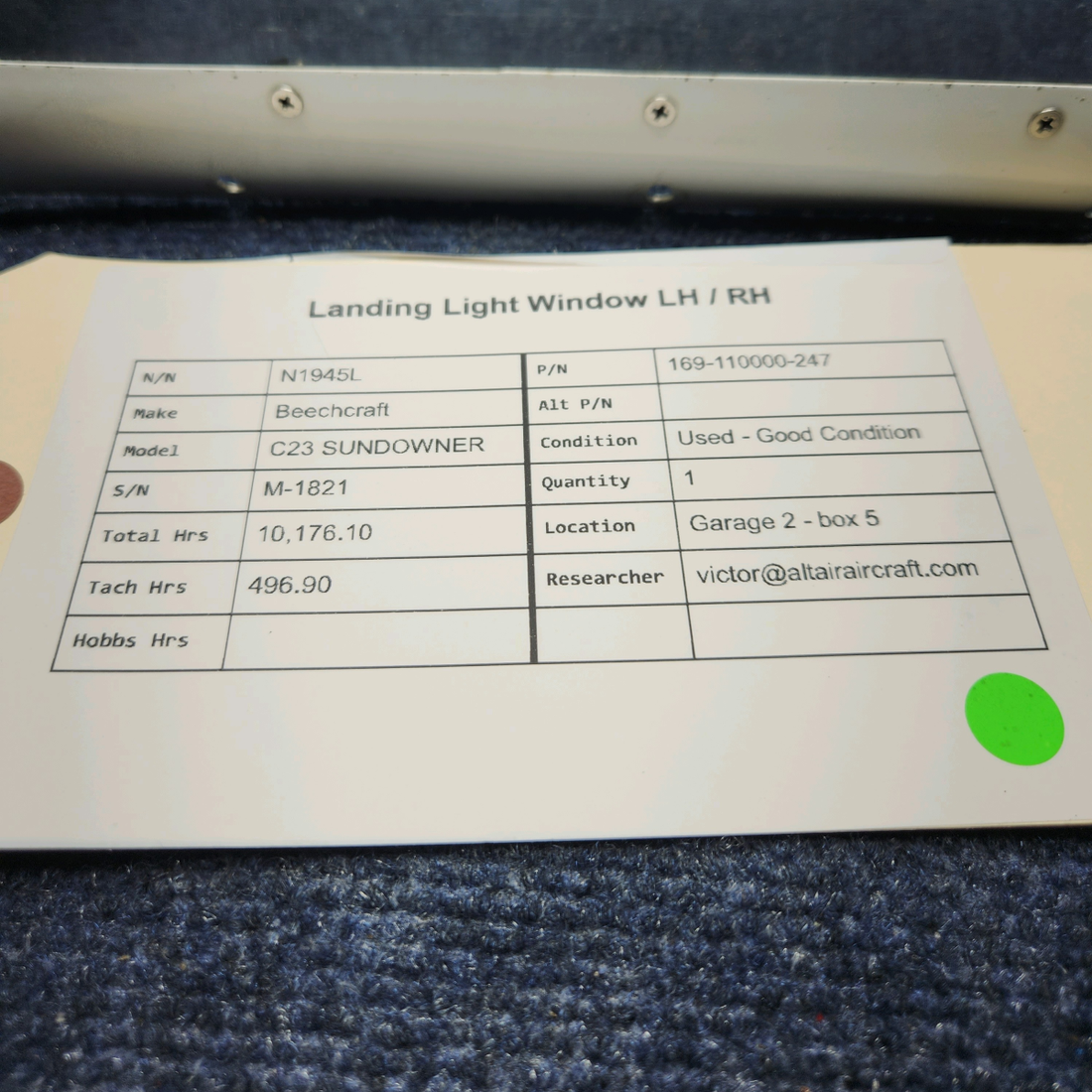 Used aircraft parts for sale, 169-110000-247 Beechcraft C23 SUNDOWNER LANDING LIGHT WINDOW LH / RH