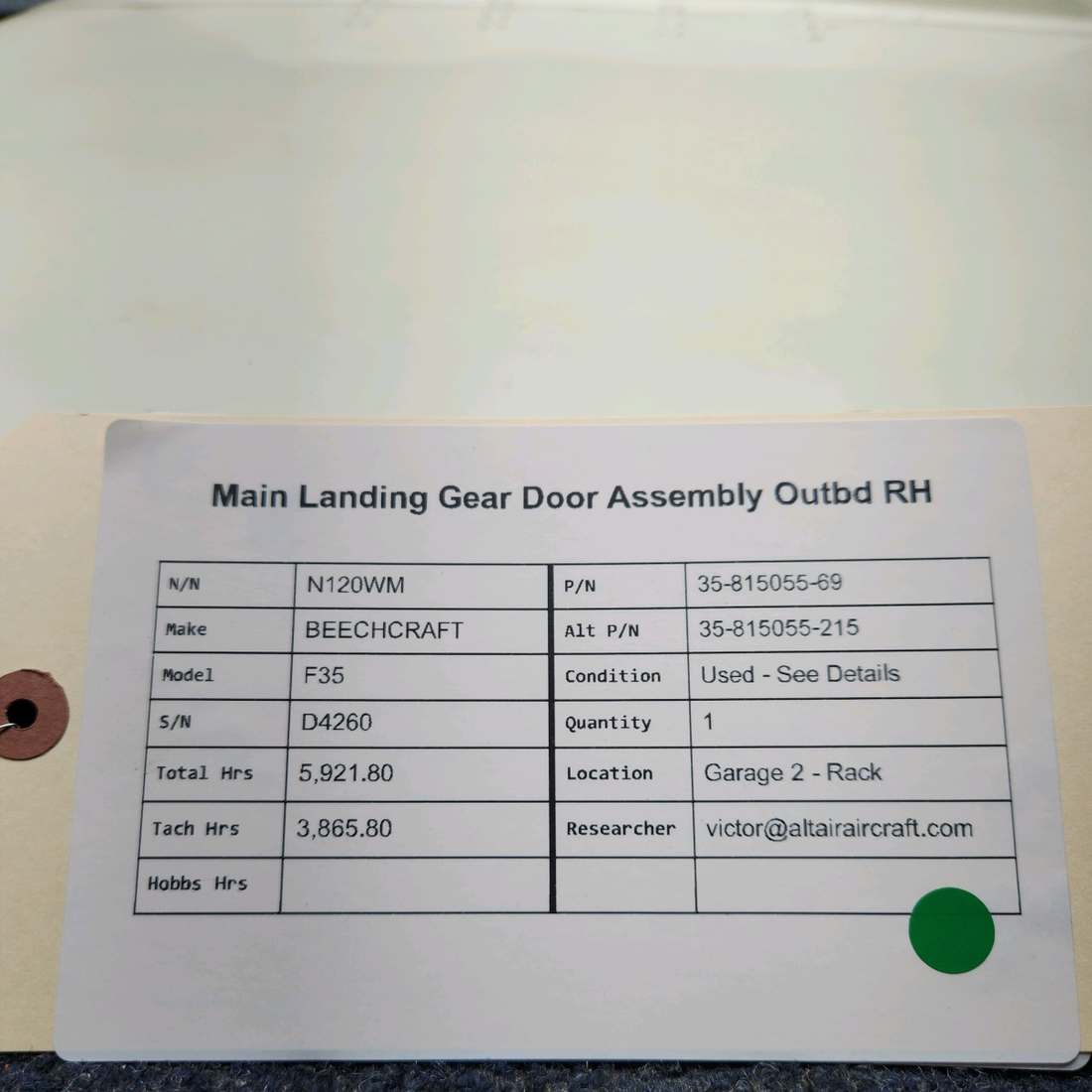 Used aircraft parts for sale, 35-815055-69 BEECHCRAFT F35 MAIN LANDING GEAR DOOR ASSEMBLY OUTBD RH