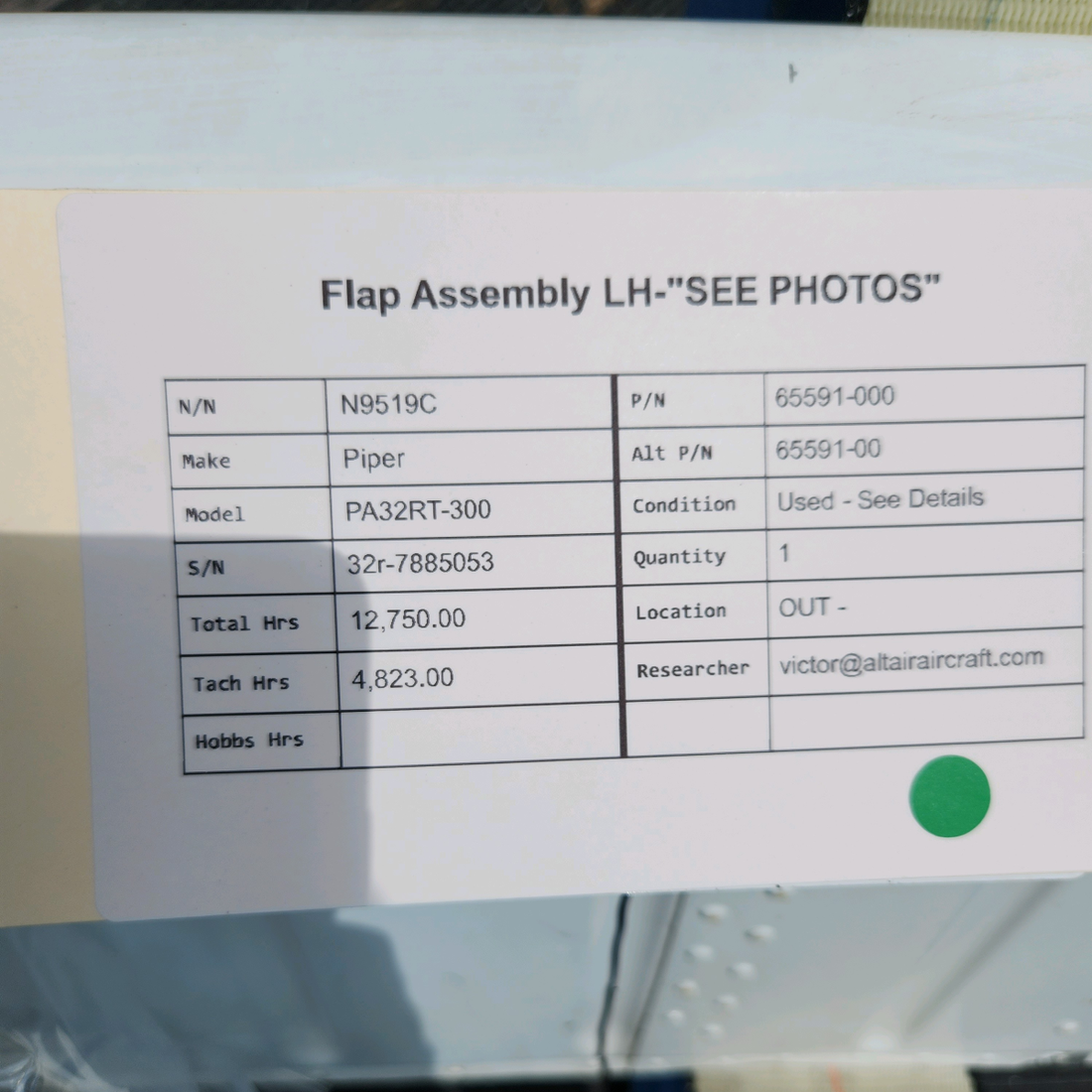 Used aircraft parts for sale, 65591-000 Piper PA32RT-300 FLAP ASSEMBLY LH SEE PHOTOS