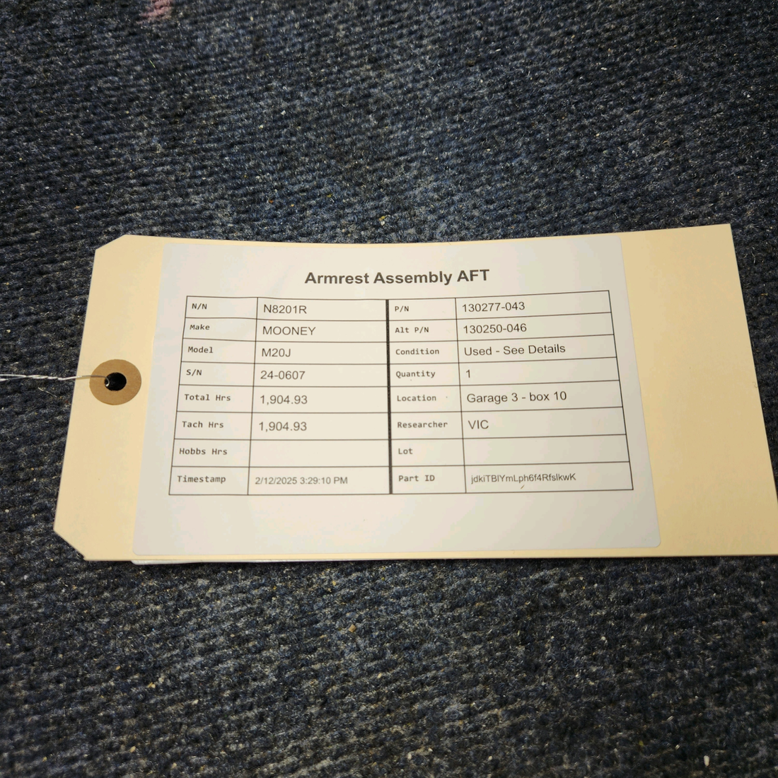 Used aircraft parts for sale, 130277-043 Mooney M20J ARMREST ASSEMBLY AFT