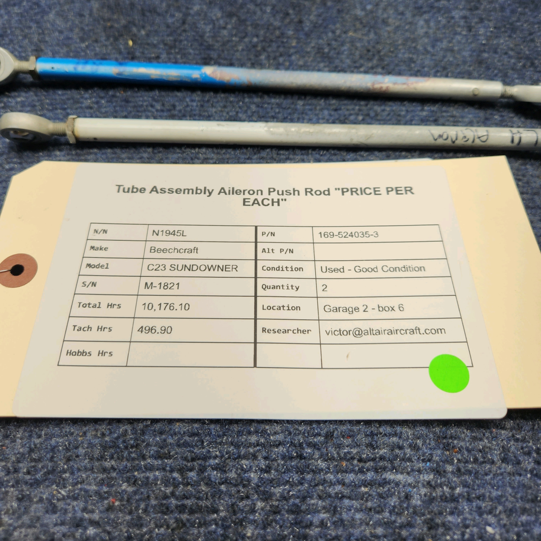 Used aircraft parts for sale, 169-524035-3 Beechcraft C23 SUNDOWNER TUBE ASSEMBLY AILERON PUSH ROD "PRICE PER EACH"
